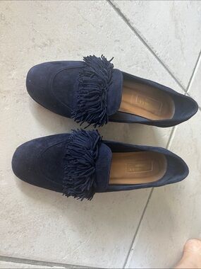 Aquazzura Navy Suede Tassel Loafers